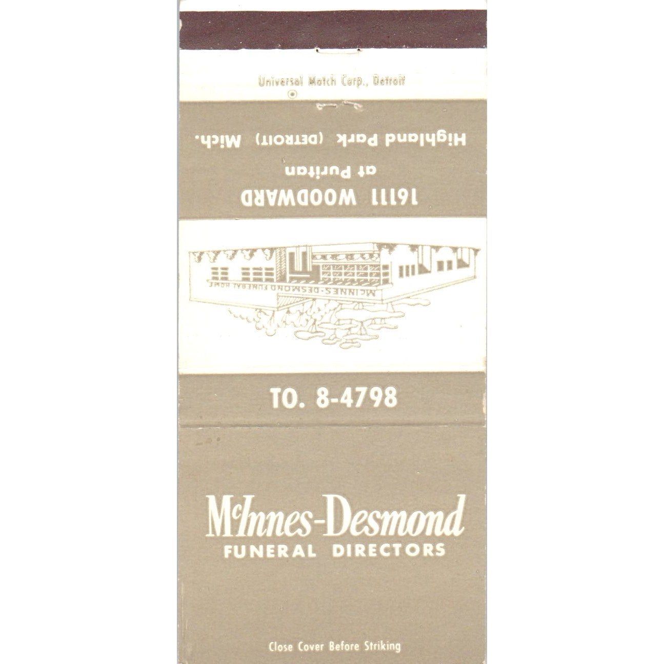 McInnes-Desmond Funeral Directors Highland Park MI Advertising Matchbook MM9-7
