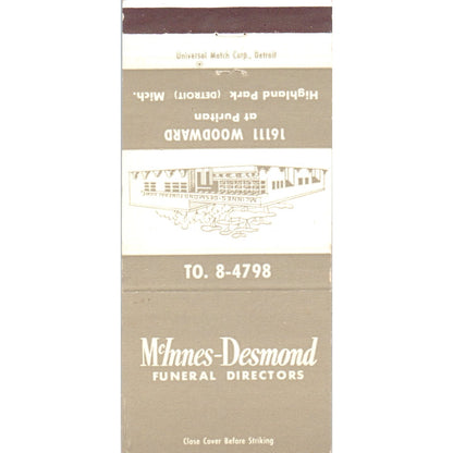 McInnes-Desmond Funeral Directors Highland Park MI Advertising Matchbook MM9-7
