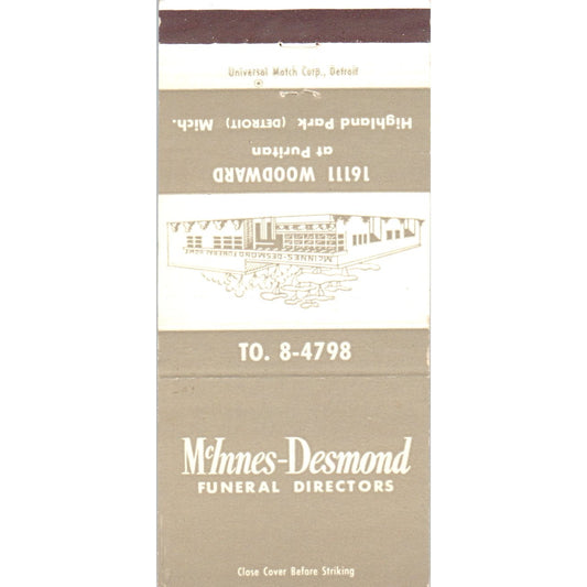 McInnes-Desmond Funeral Directors Highland Park MI Advertising Matchbook MM9-7