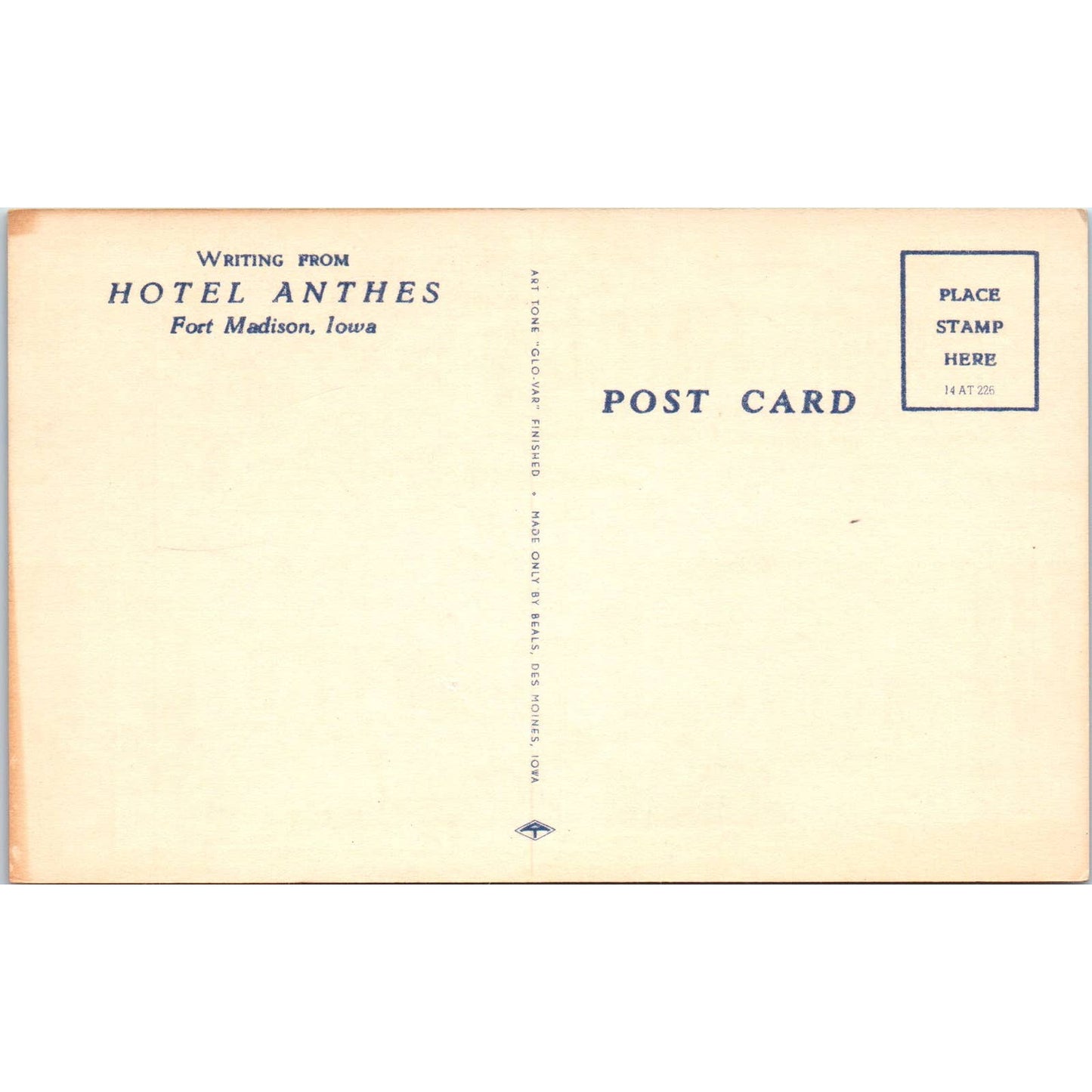 Hotel Anthes Fort Madison Iowa 1953 Unused - Original Postcard TJ7-RP2