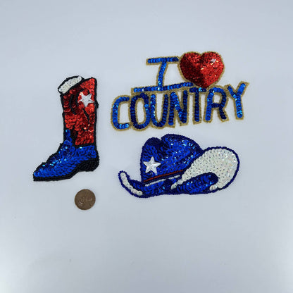 VTG Country Music Western Cowboy Boot Hat Sequin Pinback Patches SD2