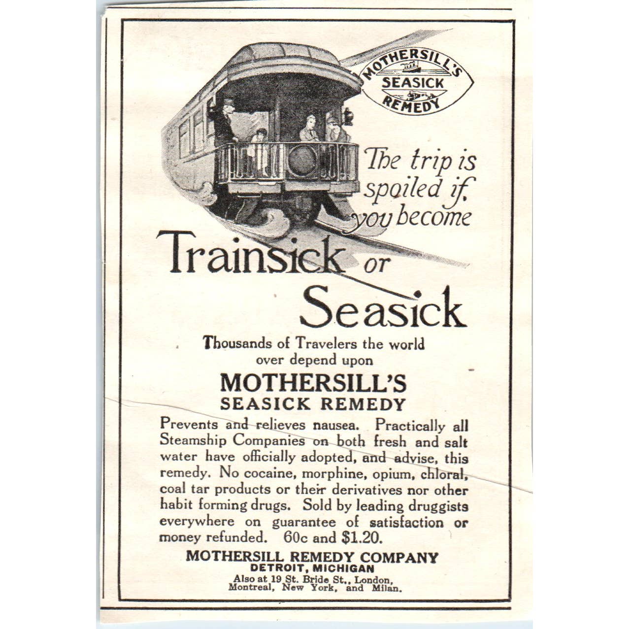 c1920 Harper's Magazine Ad - Mothersill's Seasick Remedy Company Detroit EA3-4