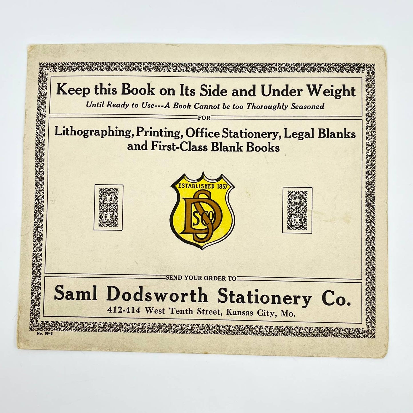 1920s Large Blotter Card Saml Dodsworth Stationary Co. Kansas City MO AA8