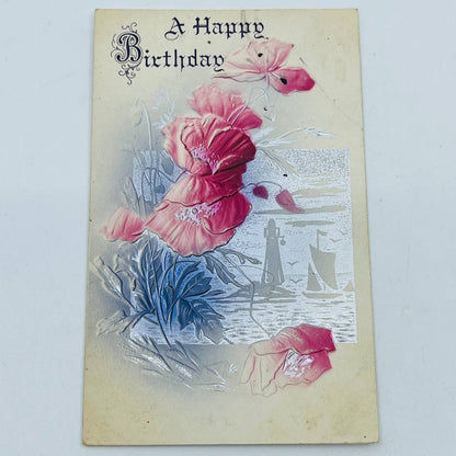 1910s Birthday Post Card Embossed Airbrushed Flowers Sailboat Lighthouse PA5