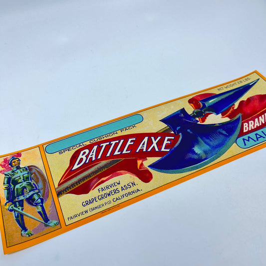 Vintage, Unused BATTLE AXE Grape, Fruit Crate Label Fairview, California FL3