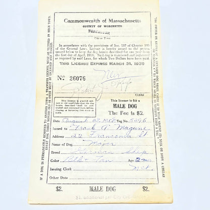 1959 Worcester MA Male Dog License Robert J O’Keefe Rabies Information AC3