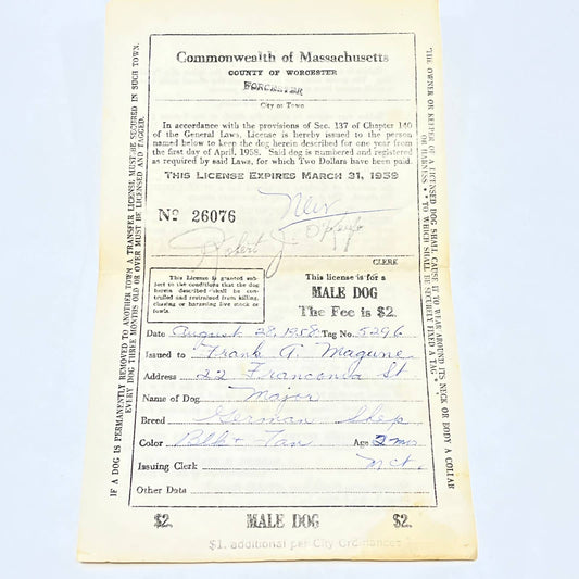 1959 Worcester MA Male Dog License Robert J O’Keefe Rabies Information AC3