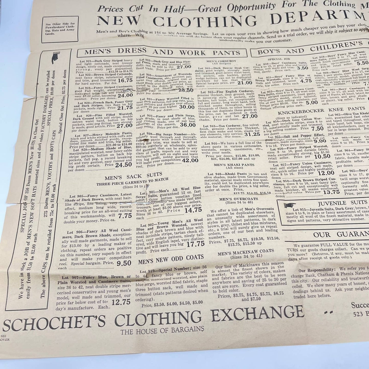 c1920 Schochet’s Clothing Exchange Pawnbroker Fold Out Price List Ad NYC NY AA8