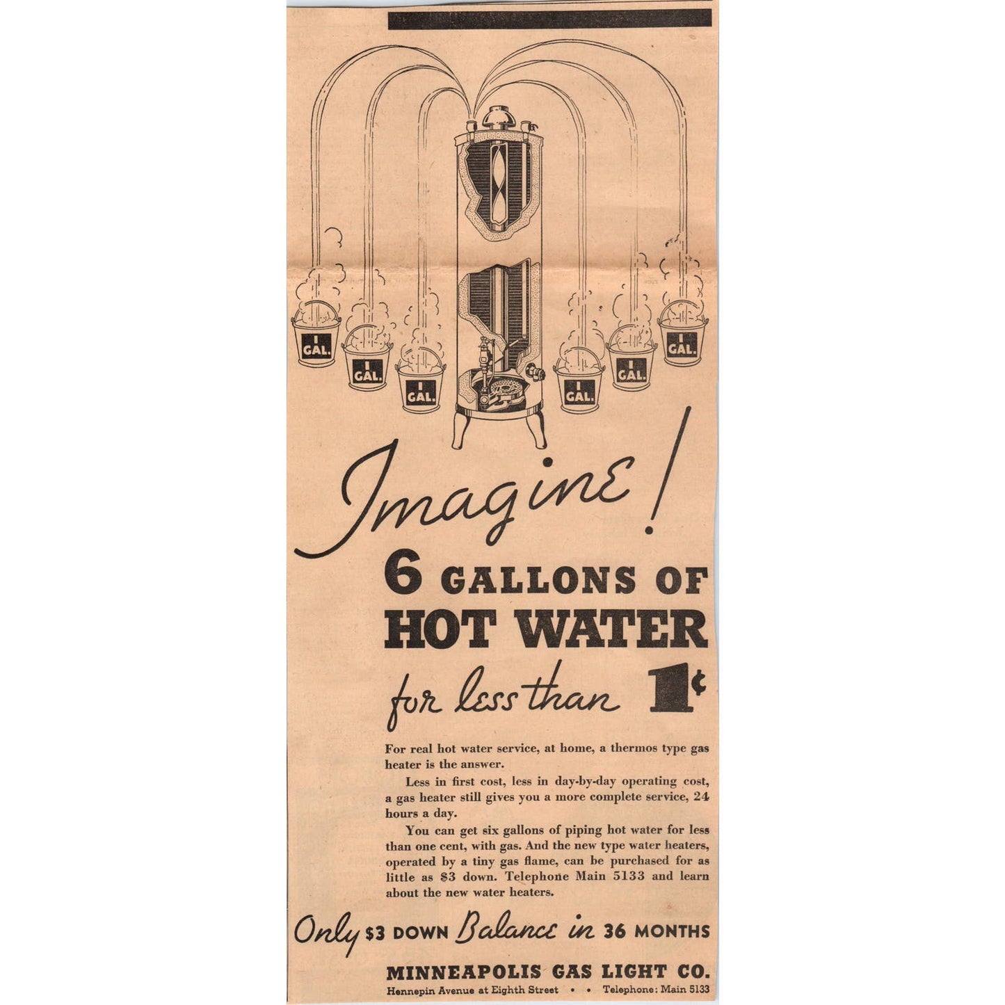 1935 Minneapolis Journal Newspaper Ad Minneapolis Gas Light Co Hot Water FL5-2
