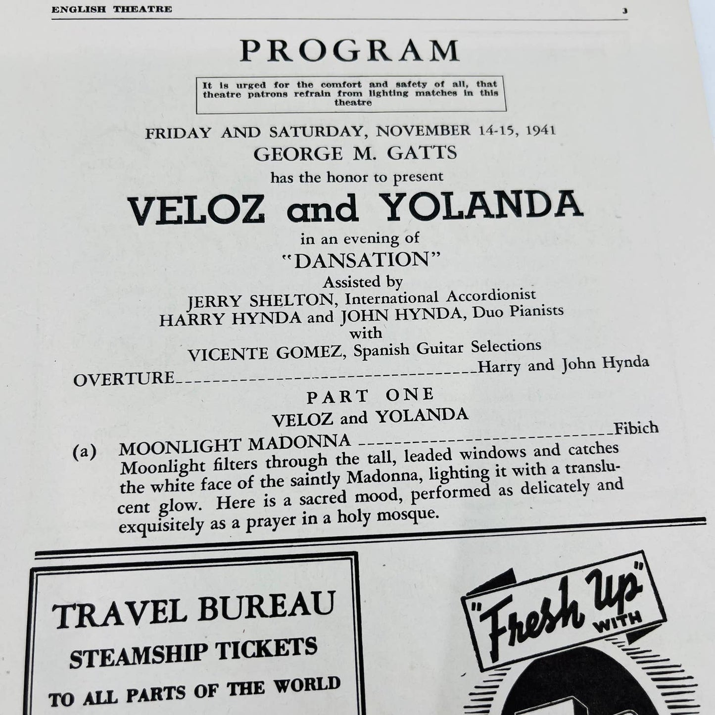 1941 English Theatre Playbill VELOZ & YOLANDA Evansville Indianapolis C2