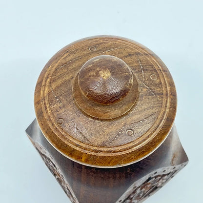 Vintage Teak Wood Carved Tea Canister Jar Urn w/ Lid India 3” TE5