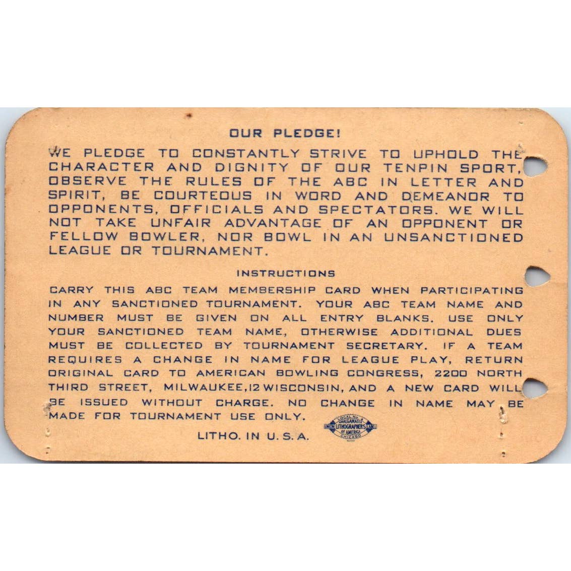 1949 American Bowling Congress Milwaukee Membership Card Eagles 750 SE5-19