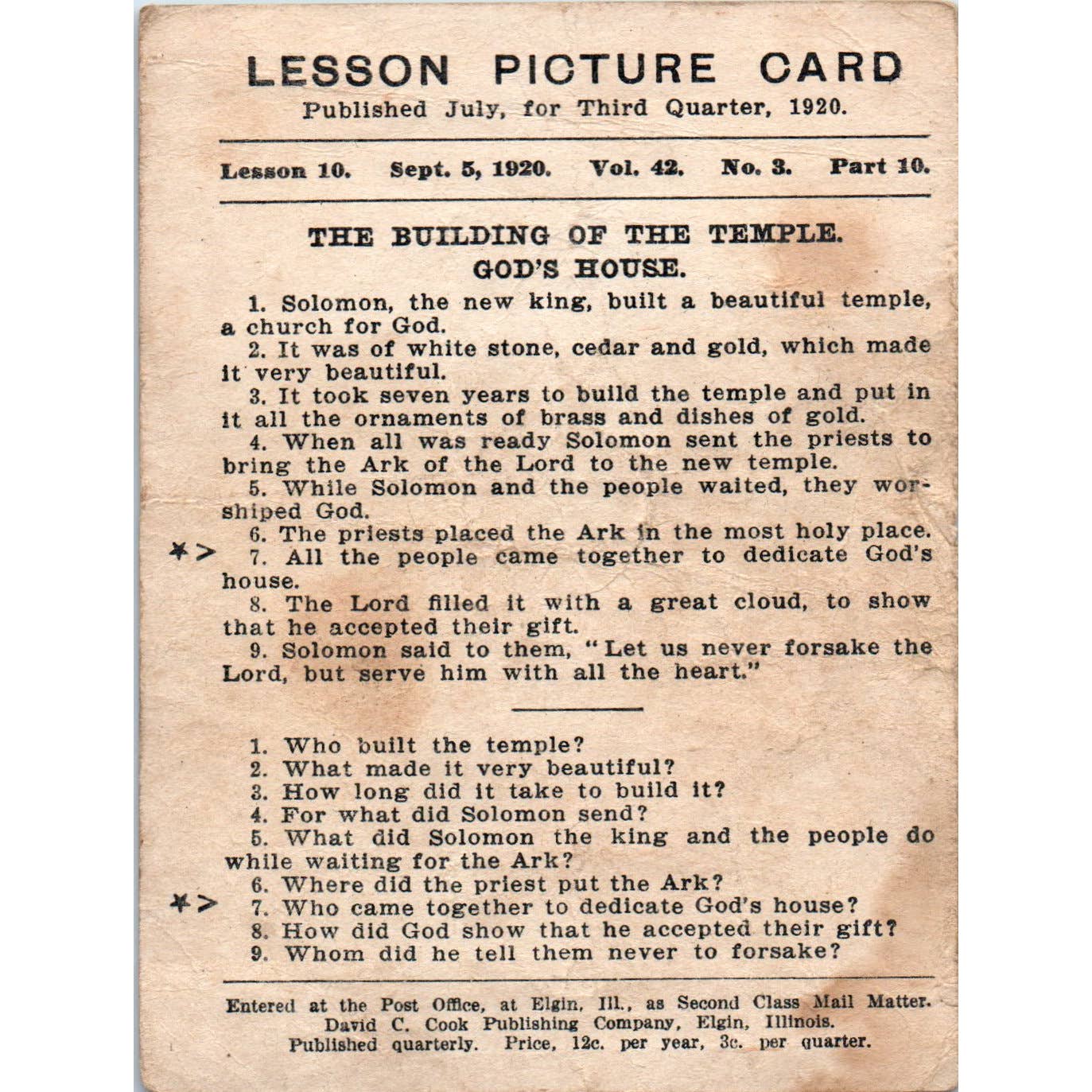 1920 Christian Lesson Picture Card The Sins and Sorrows of David SE5