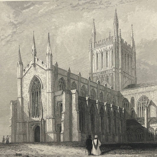 1842 Original Art Engraving Hereford Cathedral South West View w/ Cloisters AC6