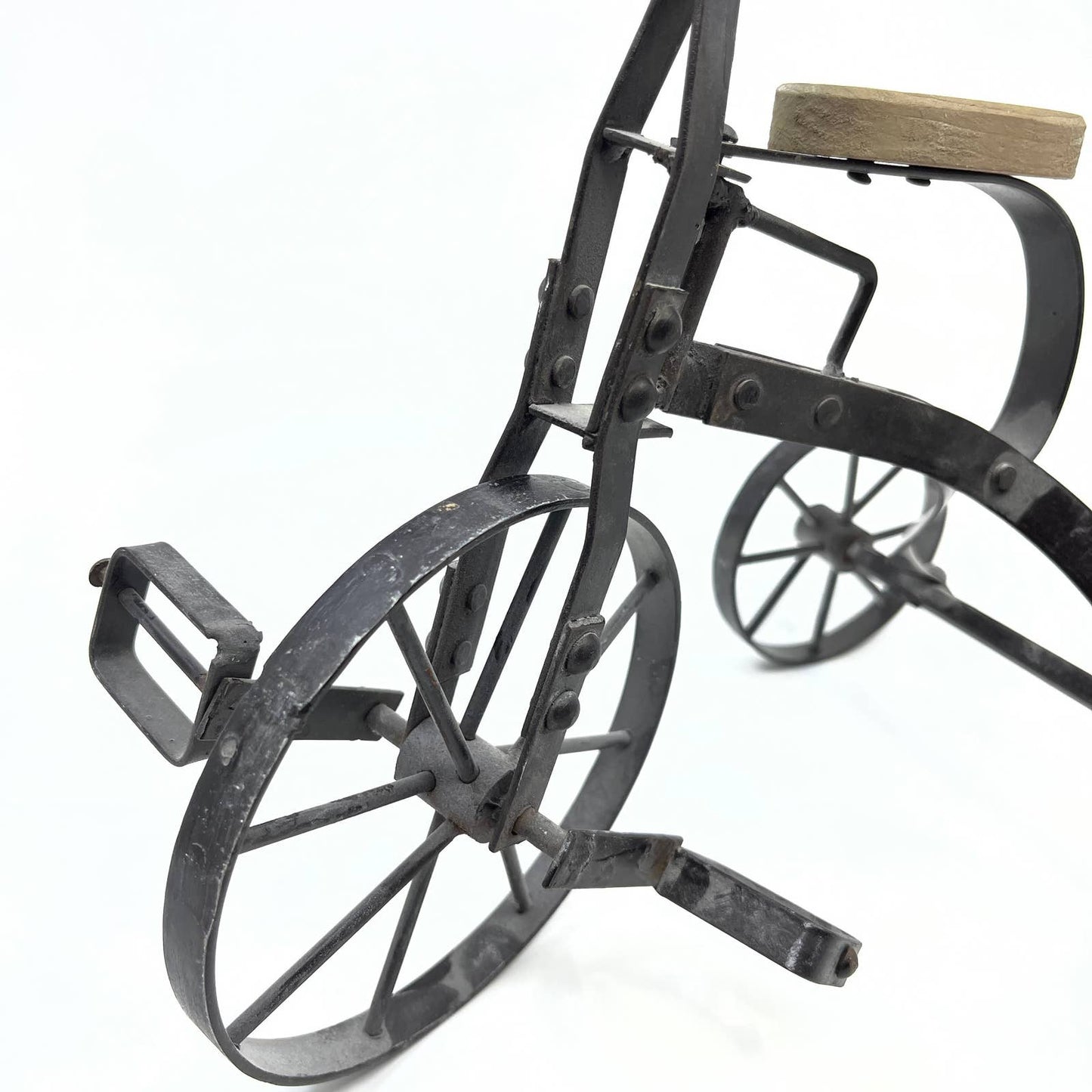 Vintage Hand Crafted Metal Wrought Iron Wood Tricycle Sculpture Toy Doll 12x10