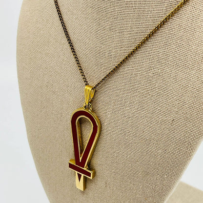 RARE Egyptian Ankh HATTIE CARNEGIE Pendant Necklace Red Enamel Brooch w/ Tag SB2