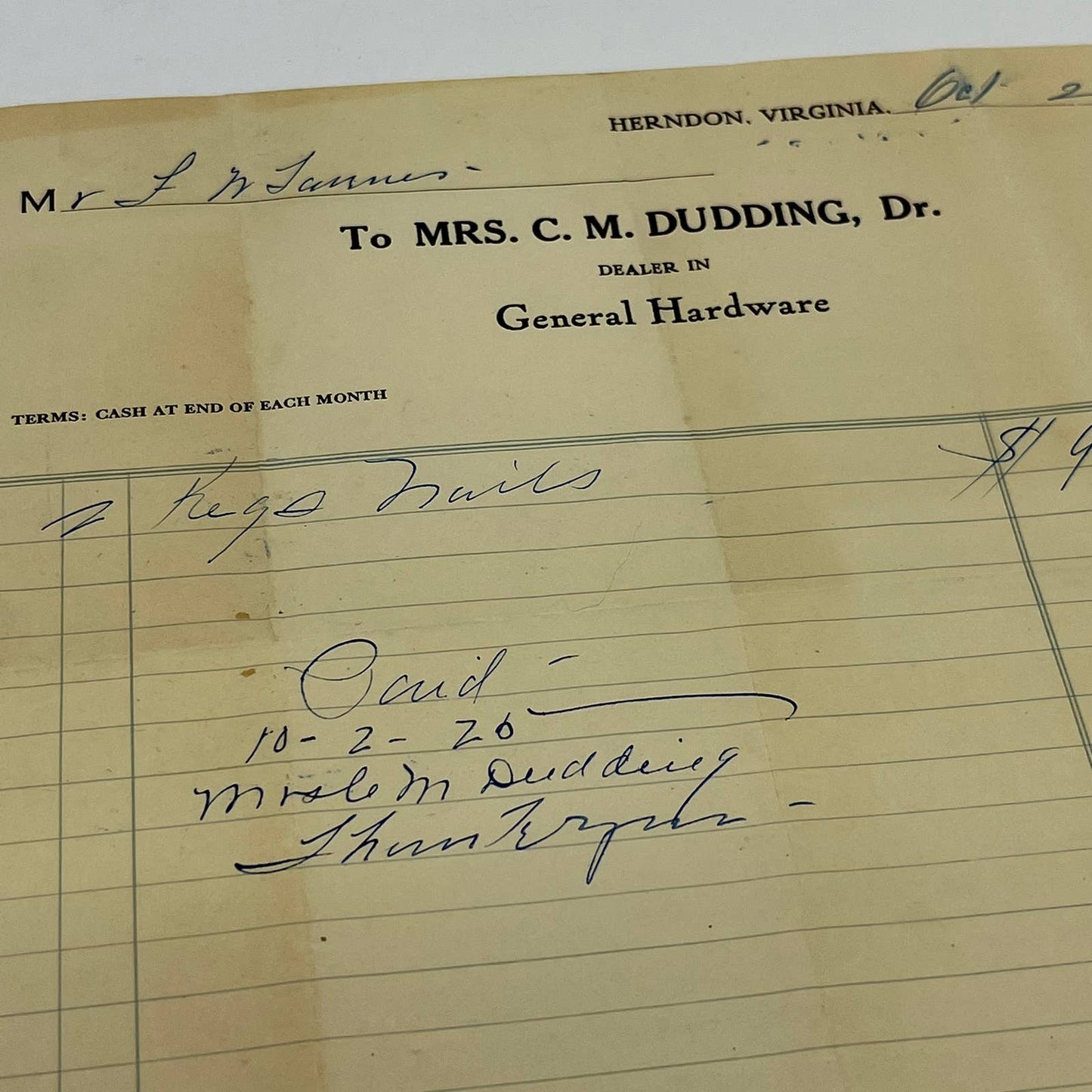 1925 Receipt Mrs. C.M. Dudding General Hardware Herndon VA AA6