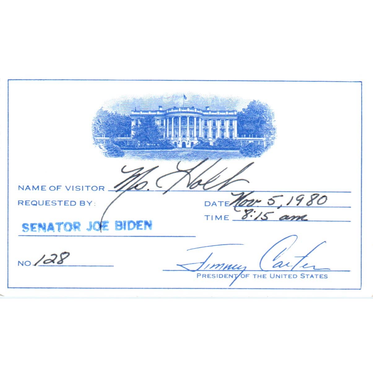 1980 White House Jimmy Carter Visitor Pass Requested By Senator Joe Biden SE5-2