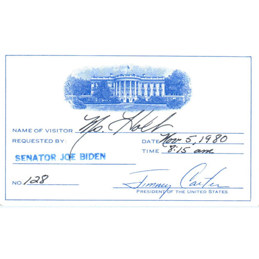 1980 White House Jimmy Carter Visitor Pass Requested By Senator Joe Biden SE5-2