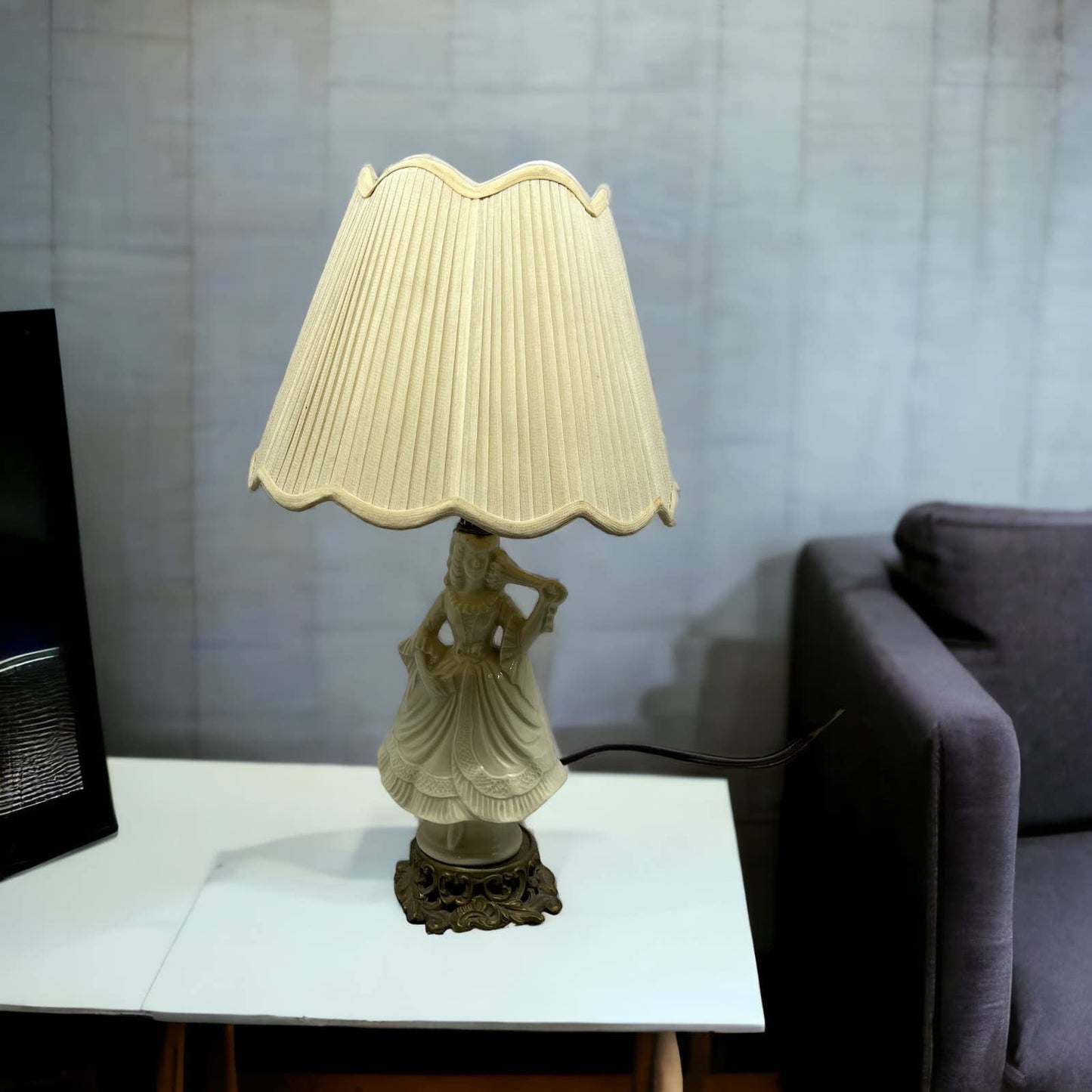 Antique Italian Bisque Porcelain Lamp & Shade Victorian Lady w/ Hoop Dress WORKS