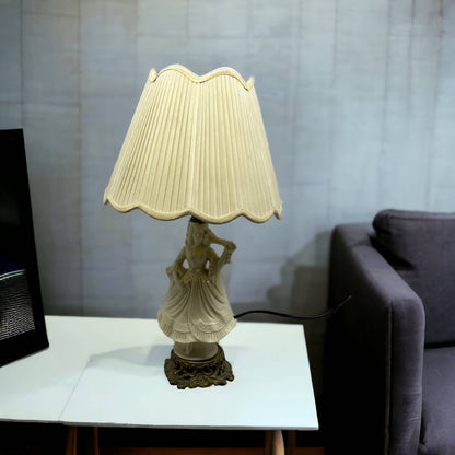 Antique Italian Bisque Porcelain Lamp & Shade Victorian Lady w/ Hoop Dress WORKS