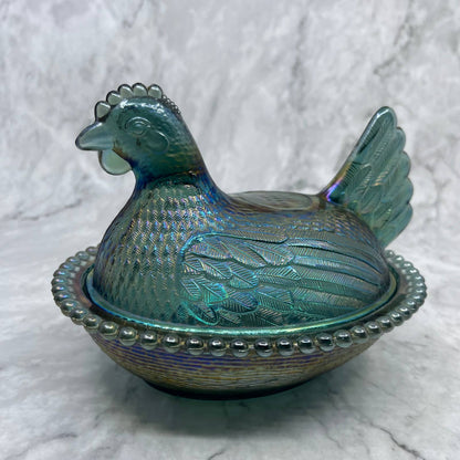Vtg Nesting Hen Blue Carnival Glass Indiana Hen on Nest Candy Dish ~7x5" TI6
