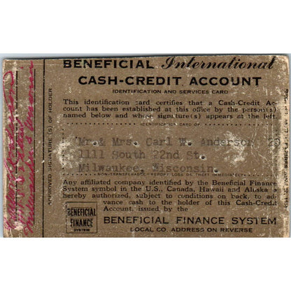 1957 Beneficial Finance System Cash Credit Account Card Milwaukee Obsolete SE5