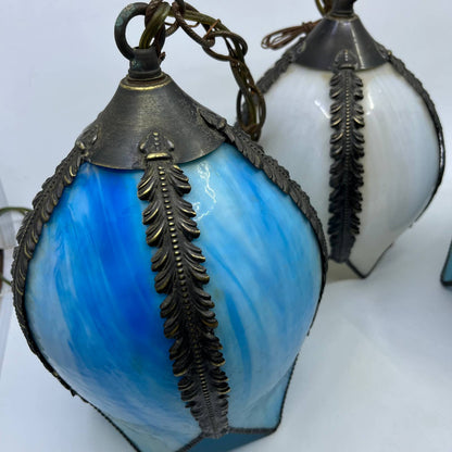 Stunning MCM Set of 3 Blue & White Slag Glass TULIP Hanging Pendant Light Lamps