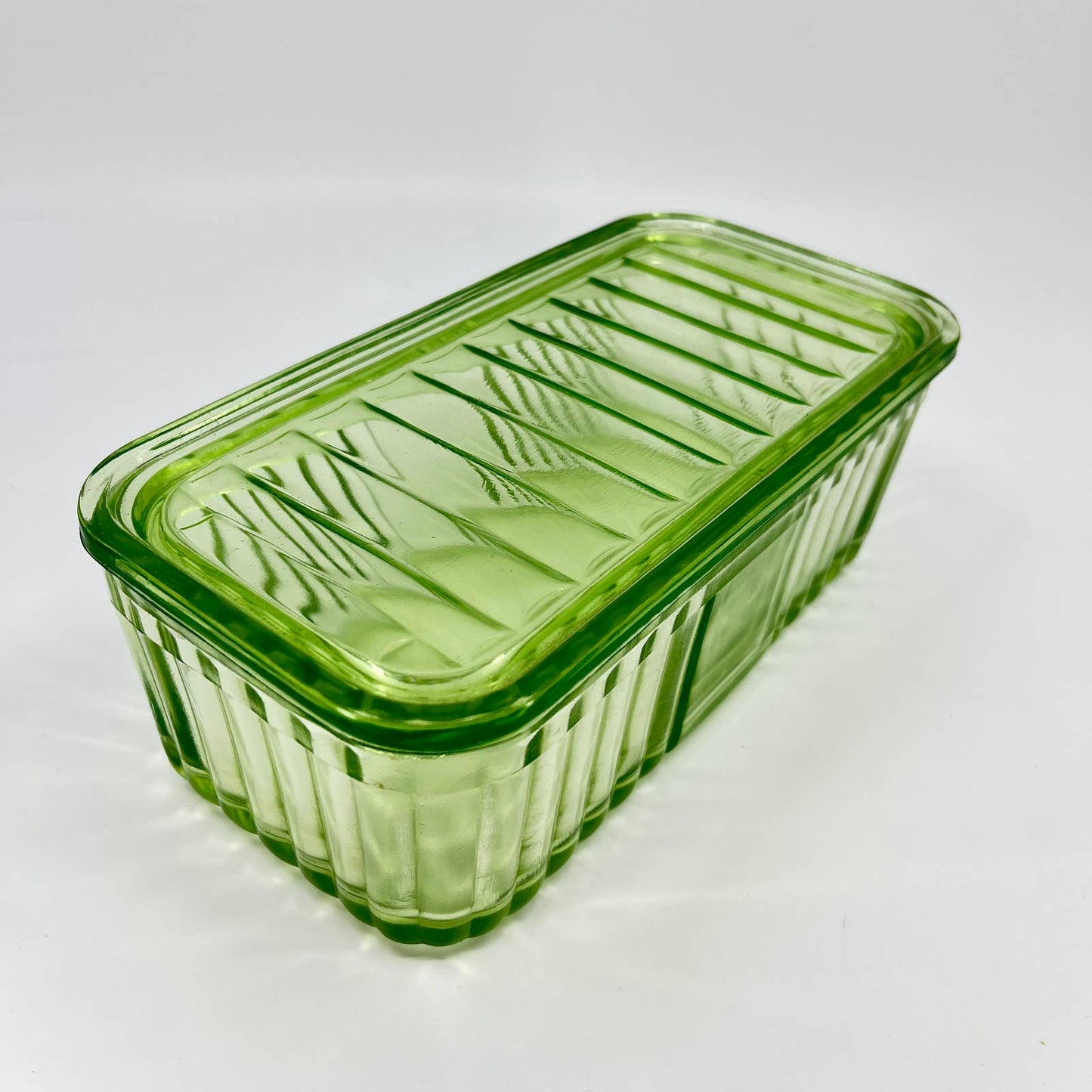 Anchor Hocking Green Uranium Depression Glass Refrigerator Box & Lid 8x4” TD8