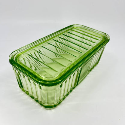 Anchor Hocking Green Uranium Depression Glass Refrigerator Box & Lid 8x4” TD8