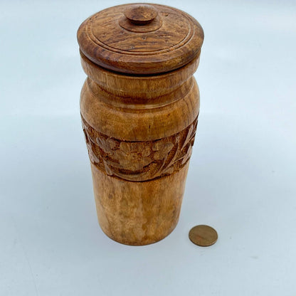 Vintage Teak Wood Carved Tea Canister Jar Urn w/ Lid India 5” TE5