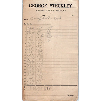 1910 George Steckley Kendallville IN Railroad Tallyman Record Sheet AD8-2