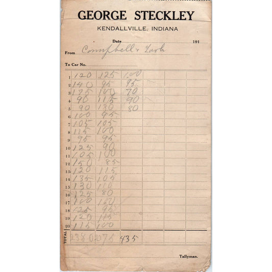 1910 George Steckley Kendallville IN Railroad Tallyman Record Sheet AD8-2