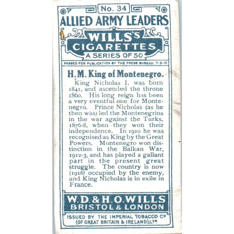 1917 Wills Cigarette Card Allied Army Leaders H.M. King of Montenegro SE5