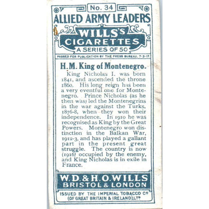 1917 Wills Cigarette Card Allied Army Leaders H.M. King of Montenegro SE5