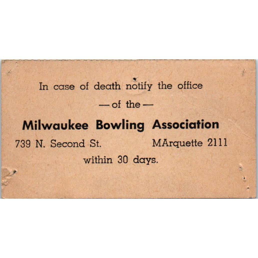1946 Milwaukee Bowling Association Membership Card Carl W. K. Anderson SE5-8