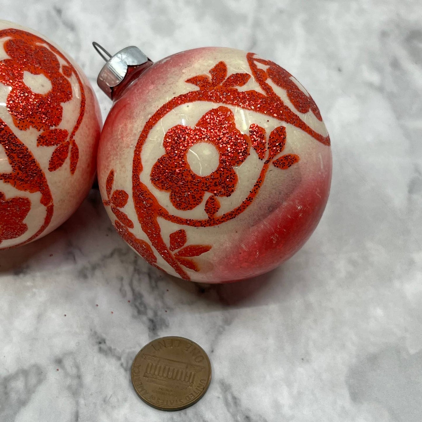 Vintage Lot of 3 Shiny Brite Christmas Ornament 2 5/8” Mica Stencil Red TJ9