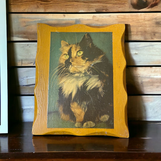 Vintage Retro Rustic Decoupage Photo of Calico Cat on wood plank 8x9.5" TE5