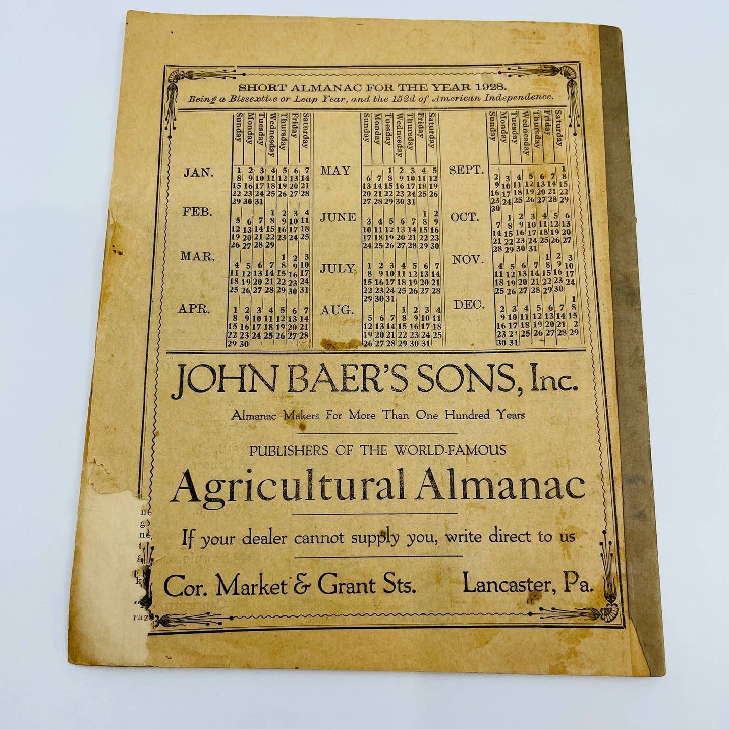 1928 Agricultural Almanac John Baer’s Sons Lancaster PA C10