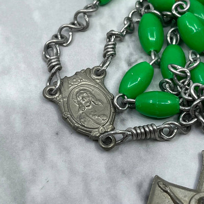 Vintage Rosary With Green Oval Beads Crucifix Sacred Heart Catholic SE8