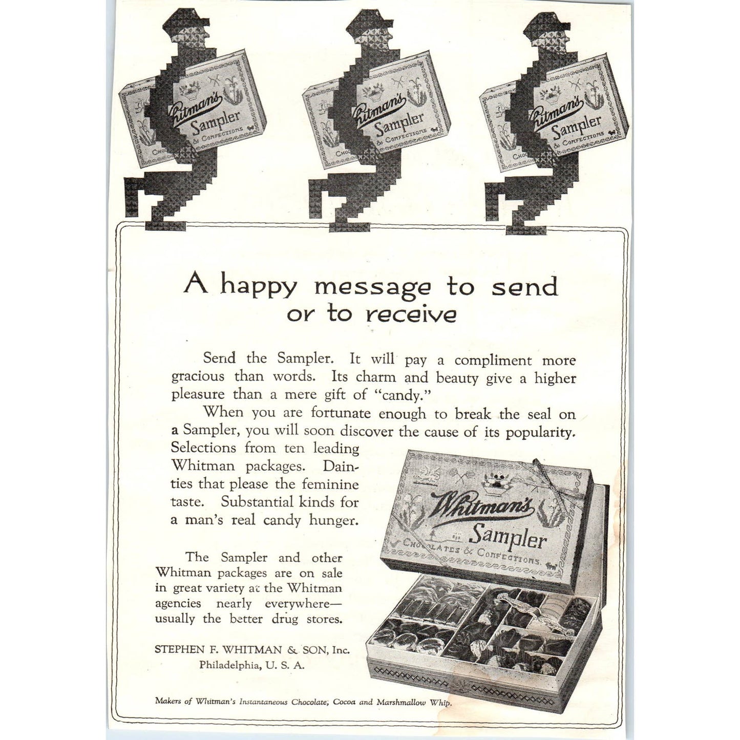 c1920 Harper's Ad - Steven F. Whitman's Sampler Chocolates Philadelphia EA3