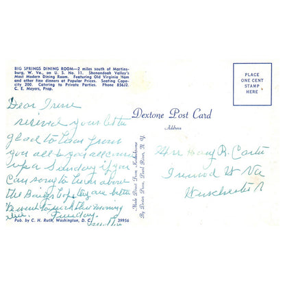 Vintage Postcard - Big Springs Dining Room C.E. Meyers Martinsburg W. Va AD9