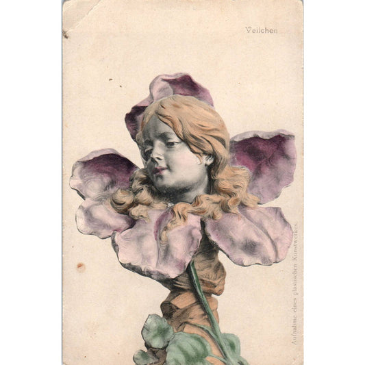 German Face in Flower Veilchen c1910 Original Postcard TK1-27