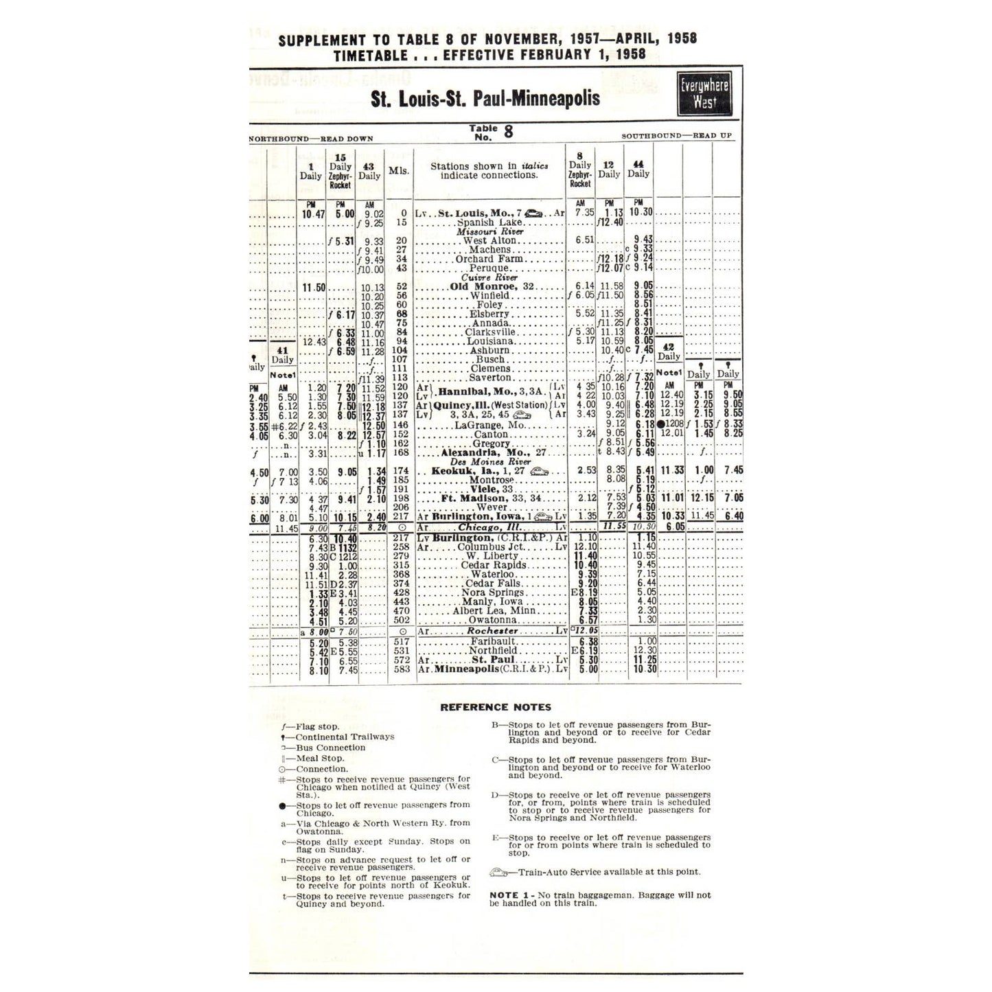 1957 Burlington Route RR Time Table Supplement St Louis St Paul Mpls SE4