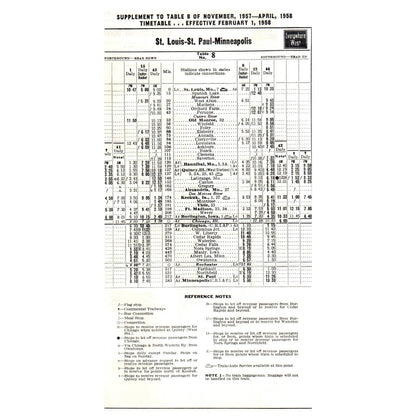 1957 Burlington Route RR Time Table Supplement St Louis St Paul Mpls SE4
