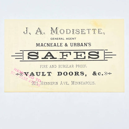 c1900 Trade Card J.A. Modisette McNeal & Urban Safes Vault Doors Minneapolis AC2