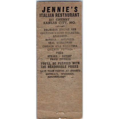 Jennie's Italian Restaurant Kansas City MO Advertising Matchbook Cover SA9-M6