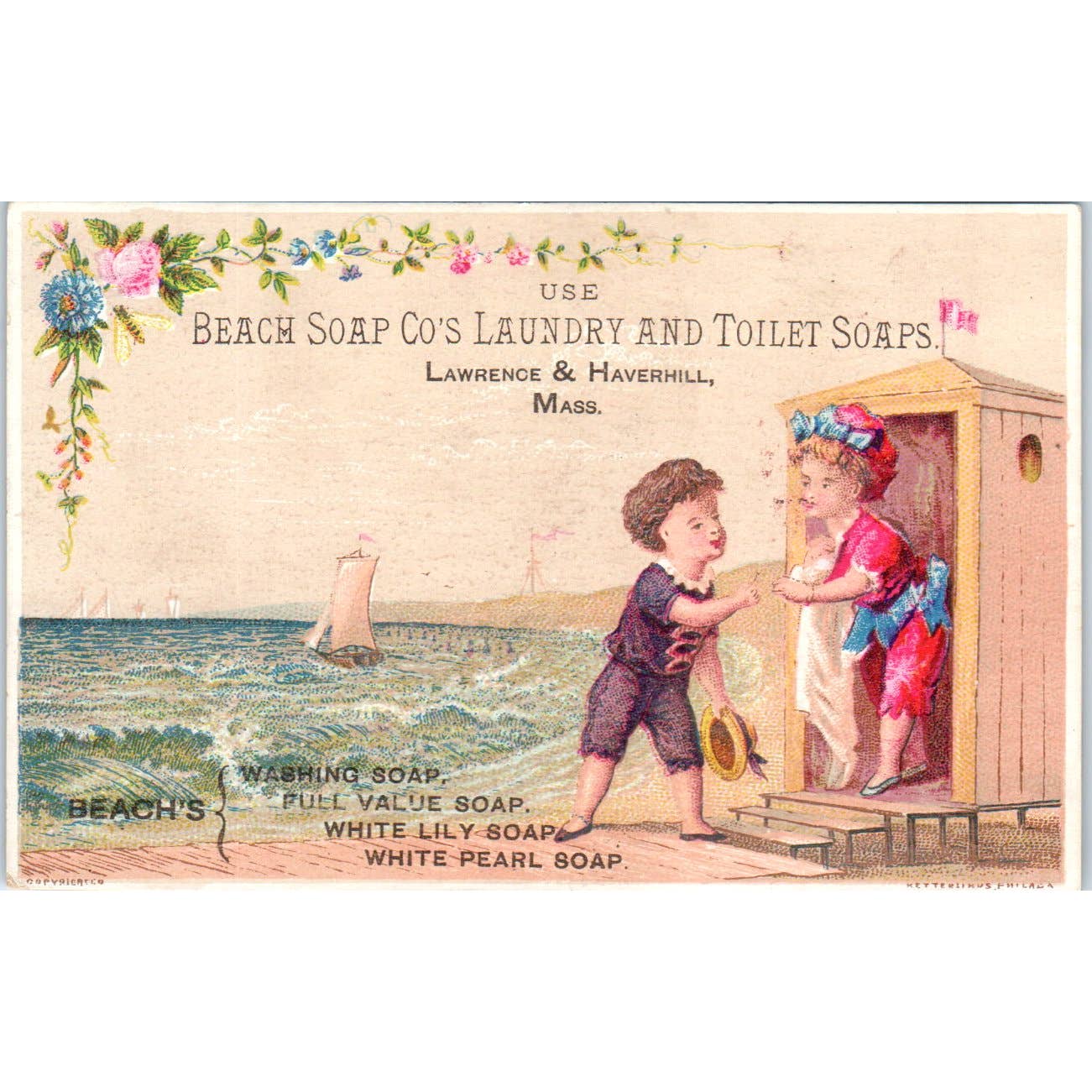 1880s Trade Card Beach Soap Co Laundry & Toilet Lawrence & Haverhill Mass SE8