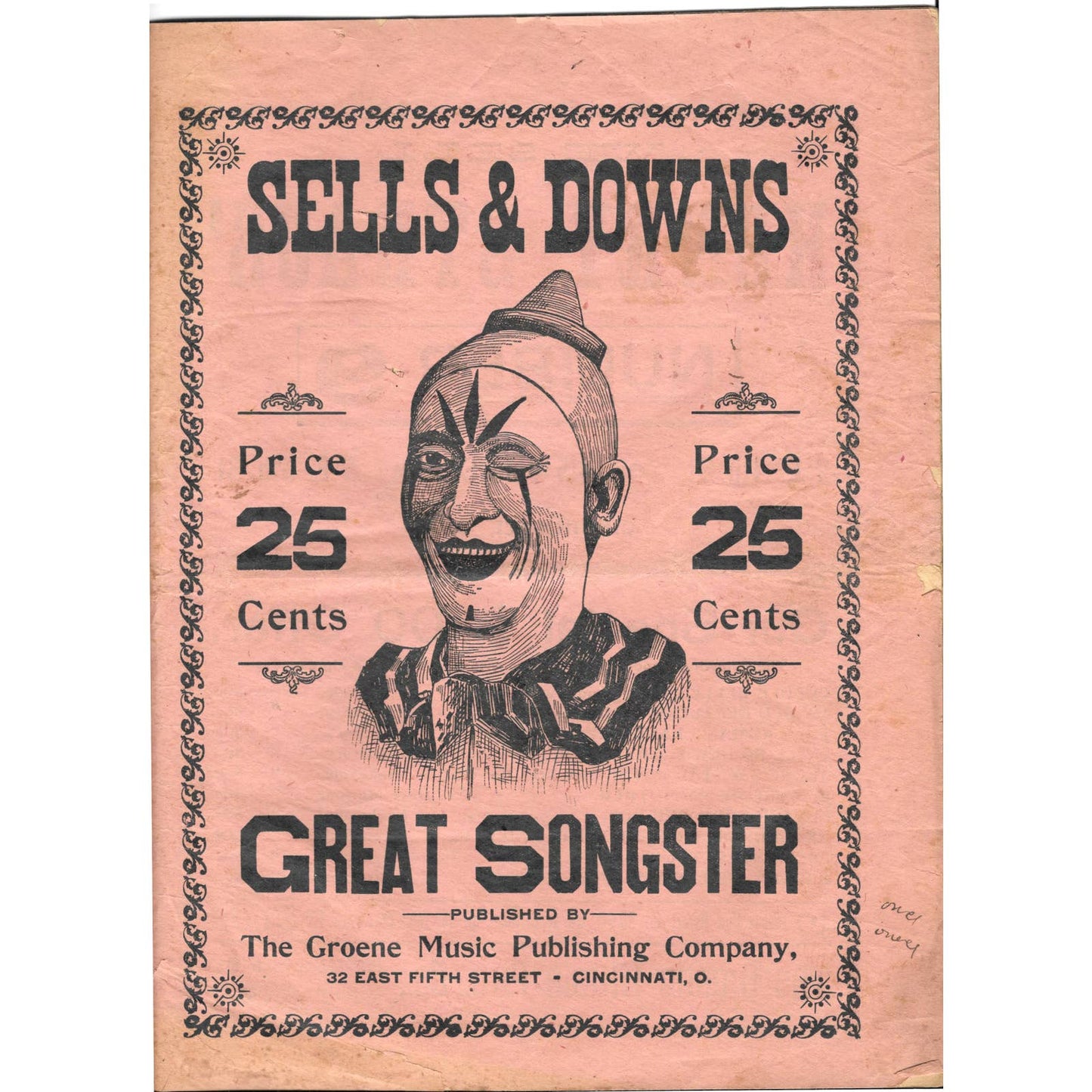 c1900 RARE Sells & Downs Great Songster Sheet Music Catalog Clown Cover TJ7