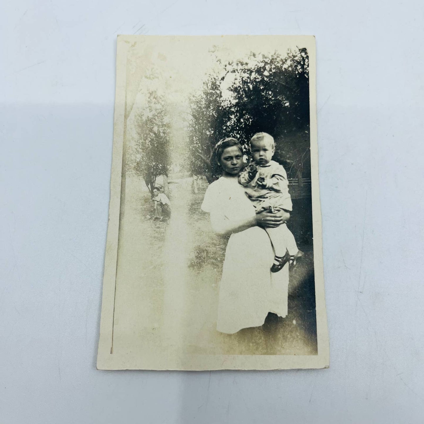 Early 1900s RPPC Portrait TRIMMED Young Lady Holding Baby Infant PA9